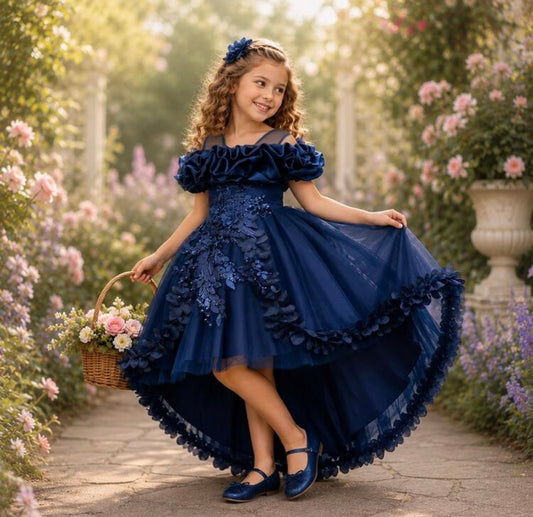 Lace Beaded Floral Petal Elegant Asymmetric Hem Flower Girl Wedding Party Princess Dress