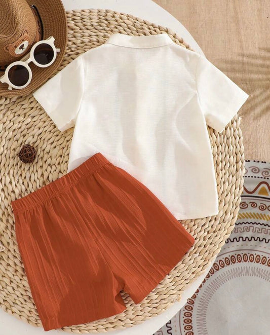 Short Sleeve Shirt With Textured Striped Fabric, Elastic Waist Solid Color Shorts