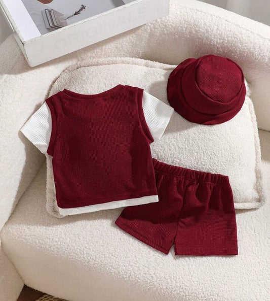 3-Pack Burgundy Waffle Fabric 2 In 1 Top Shorts & Hat Set