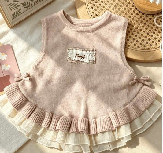 Solid Color Mesh Patchwork Hem Knit Vest With Side Bow Decoration Embroidery Applique Sweater