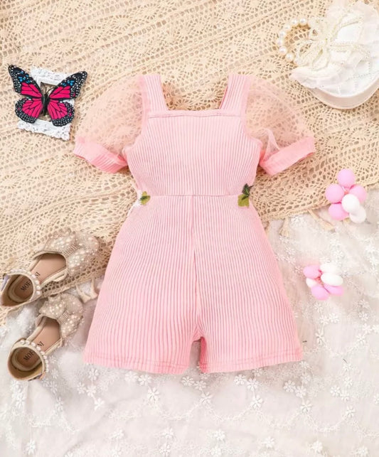 Floral Appliques Mesh Puff Sleeve Romper