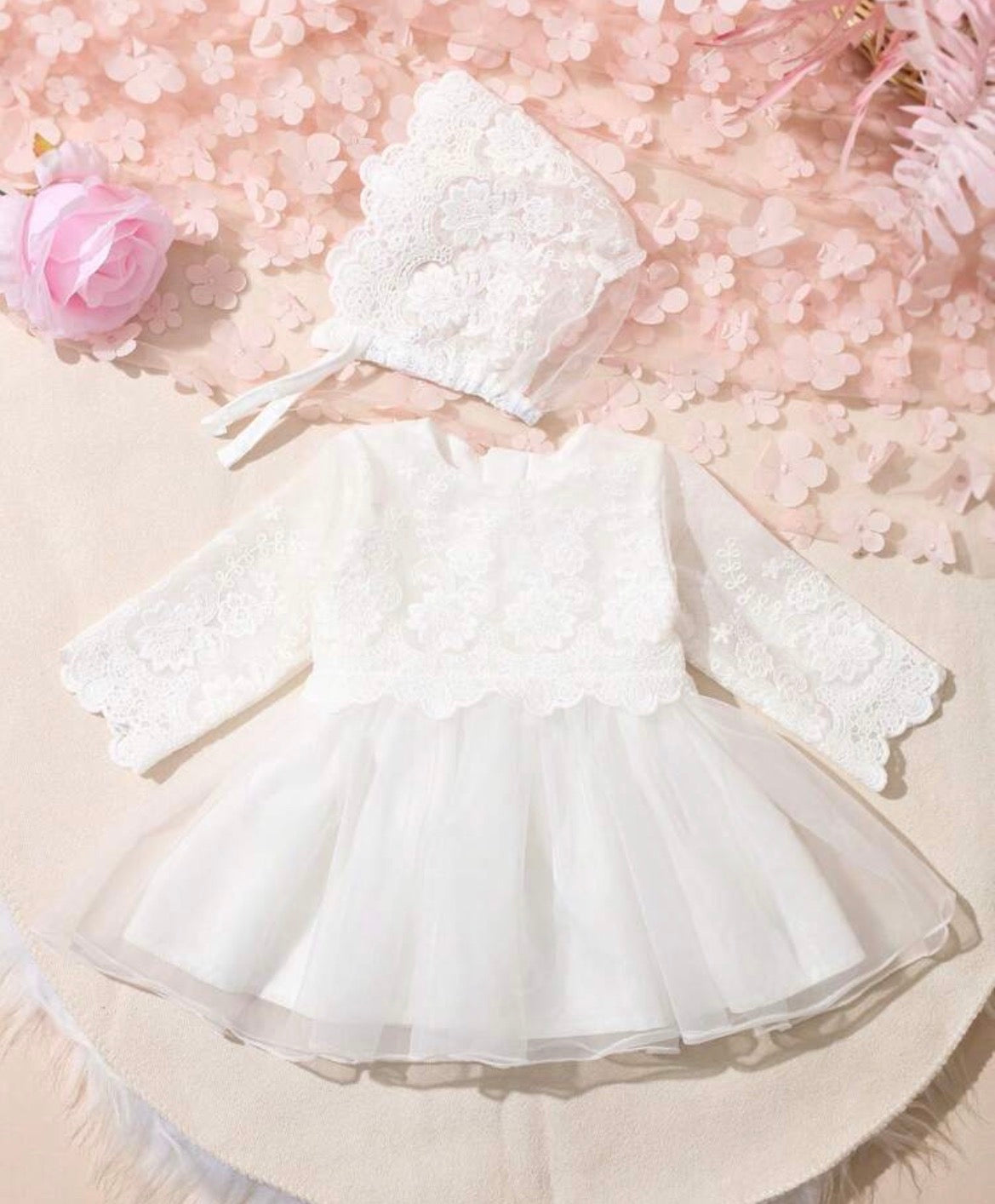 White Lace Dress,2 Pieces Puff-Sleeve Mesh Round Neck Fitted Christening Gown & Hat