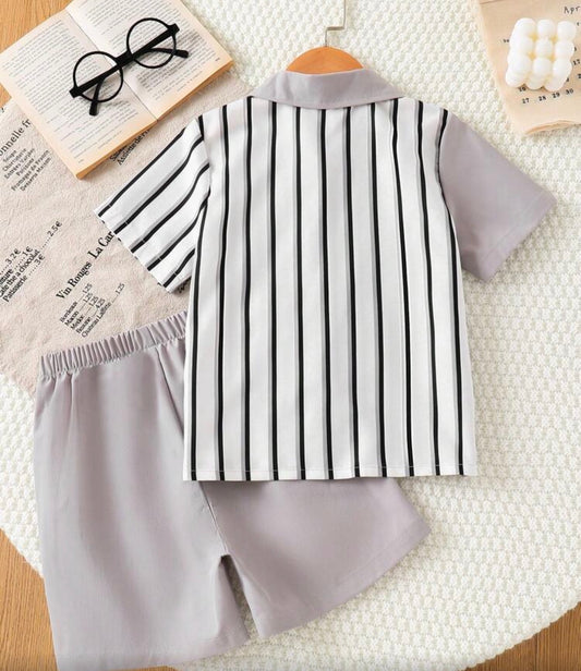 2pcs/Set Striped Print Short Sleeve Shirt And Shorts