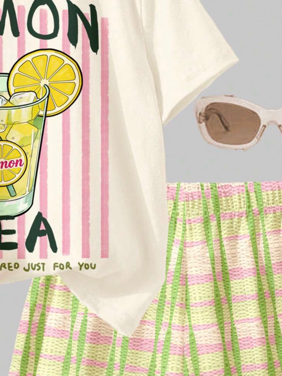 Lemon Tea Print Short Sleeve T-Shirt And Colorblock Plaid Shorts