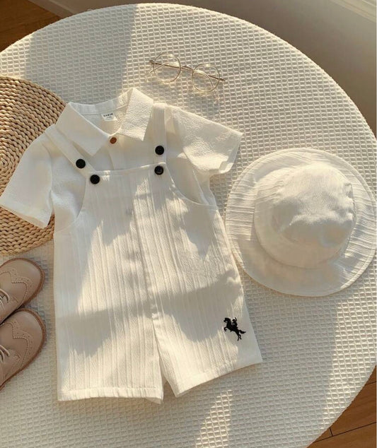 Casual Versatile White Romper With Bib Pants And Sun Hat Set
