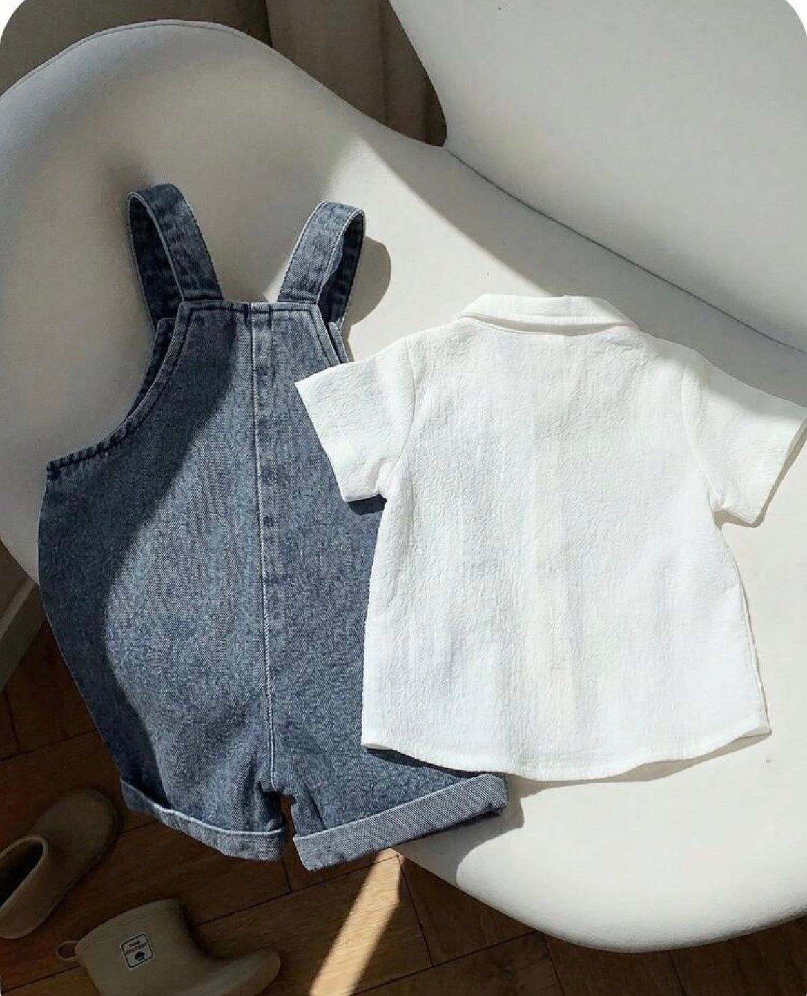 2pcs White Short Sleeve Shirt And Denim Overalls Romper Set