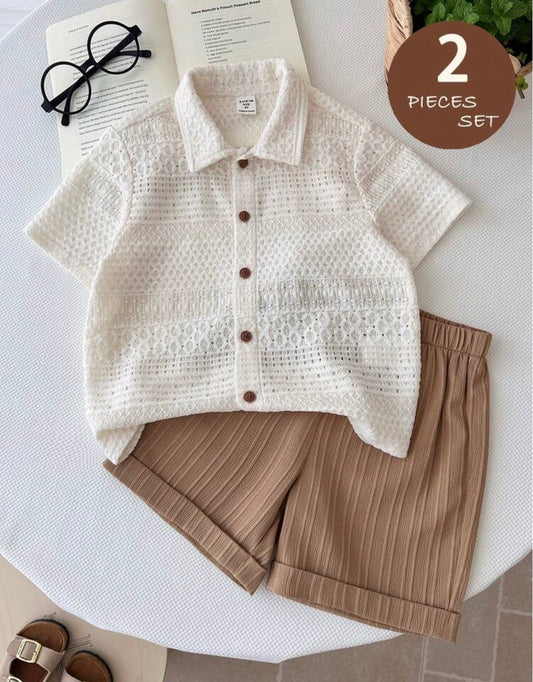 2pcs Short Sleeve White Shirt And Brown Shorts,