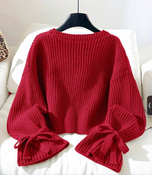 Loose Minimalist Round Neck Tie Sleeve Autumn Sweater