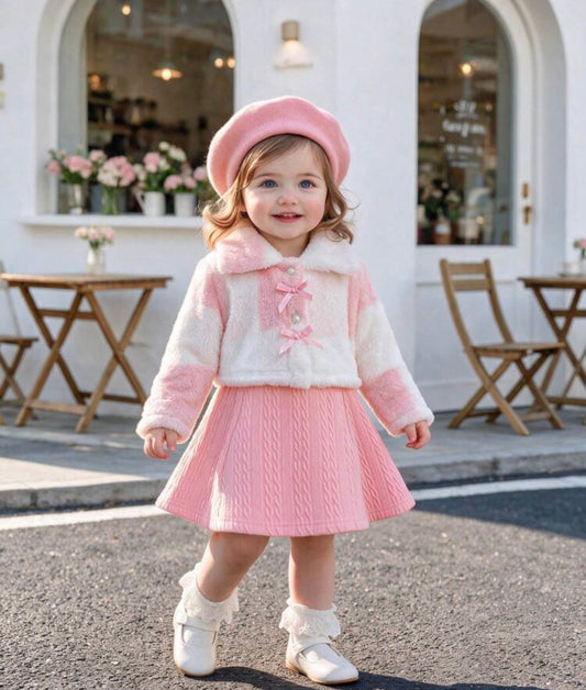 Winter Furry Long Sleeve Cardigan With 3D Bow And Lapel, Paired With Cami Dress, 2-Piece