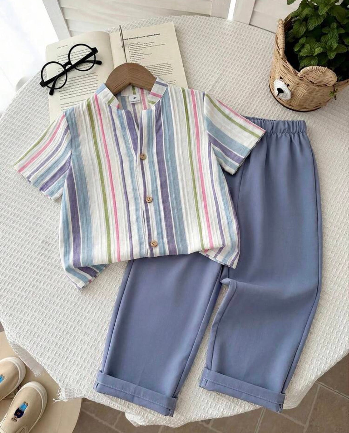 LMoss Woven Solid Color Casual Shirt And Striped Long Pants 2 Pieces Set