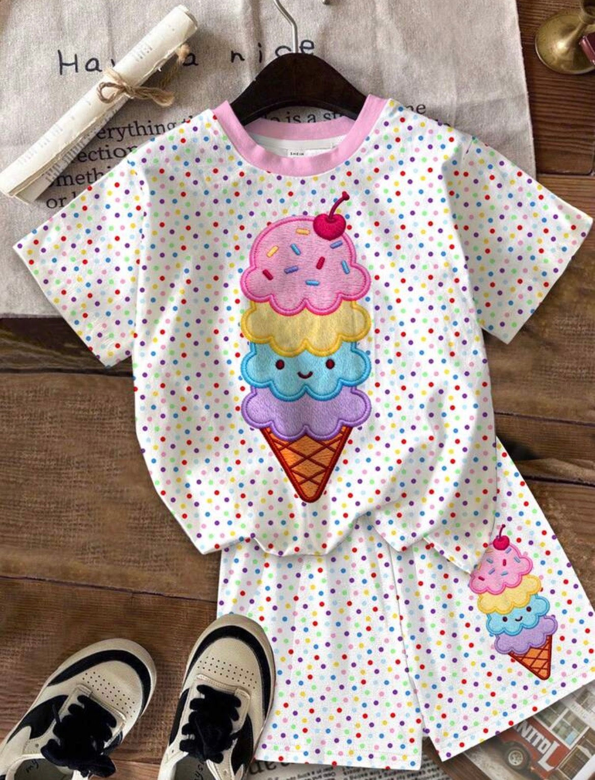 Ice Cream Pattern, Colorful Polka Dot Print shirt and Shorts