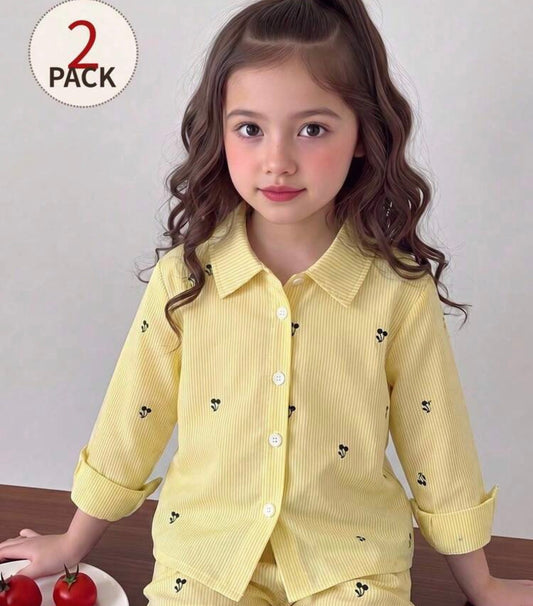 2pcs/Set Patchwork Contrast Irregular Collar Long Sleeve Shirt With Bow Decor On Back And Striped Pants