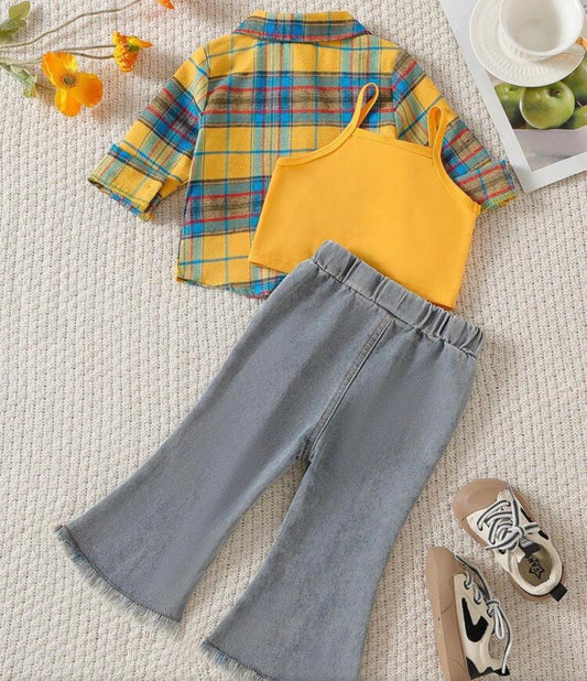 3pcs/Set Plaid Long Sleeve Shirt, Cropped Camisole, Bell-Bottom Jeans