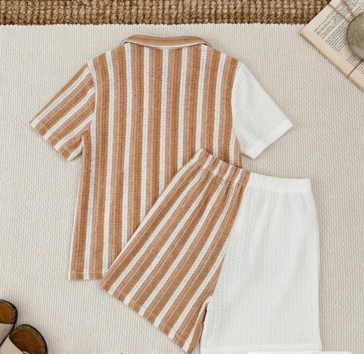 Green Striped Short Sleeve Shirt Set