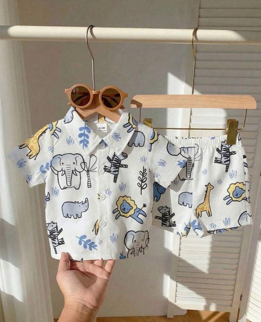 Tropical Plant Pattern Short Sleeve Shirt & Elastic Waist Shorts