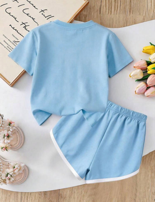 Heart Print Short Sleeve T-Shirt And Contrast Color Casual Shorts Set