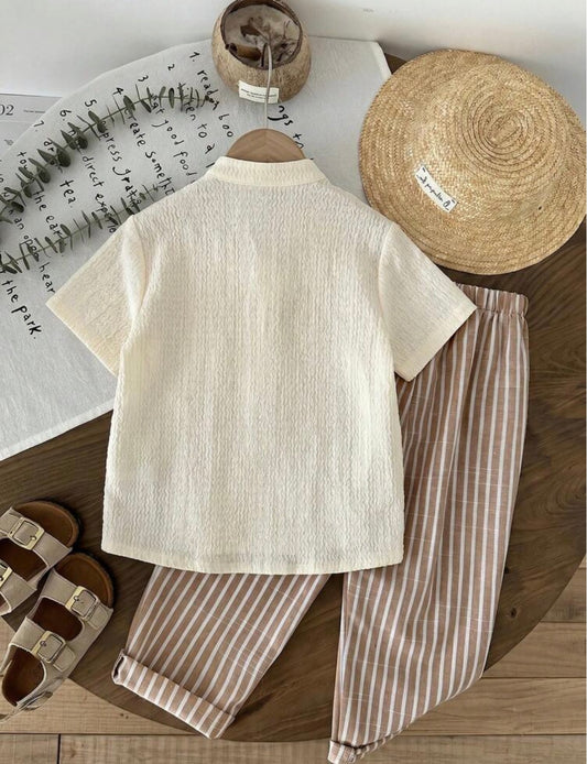 2pcs Woven Solid Color Casual Shirt And Striped Pants Set