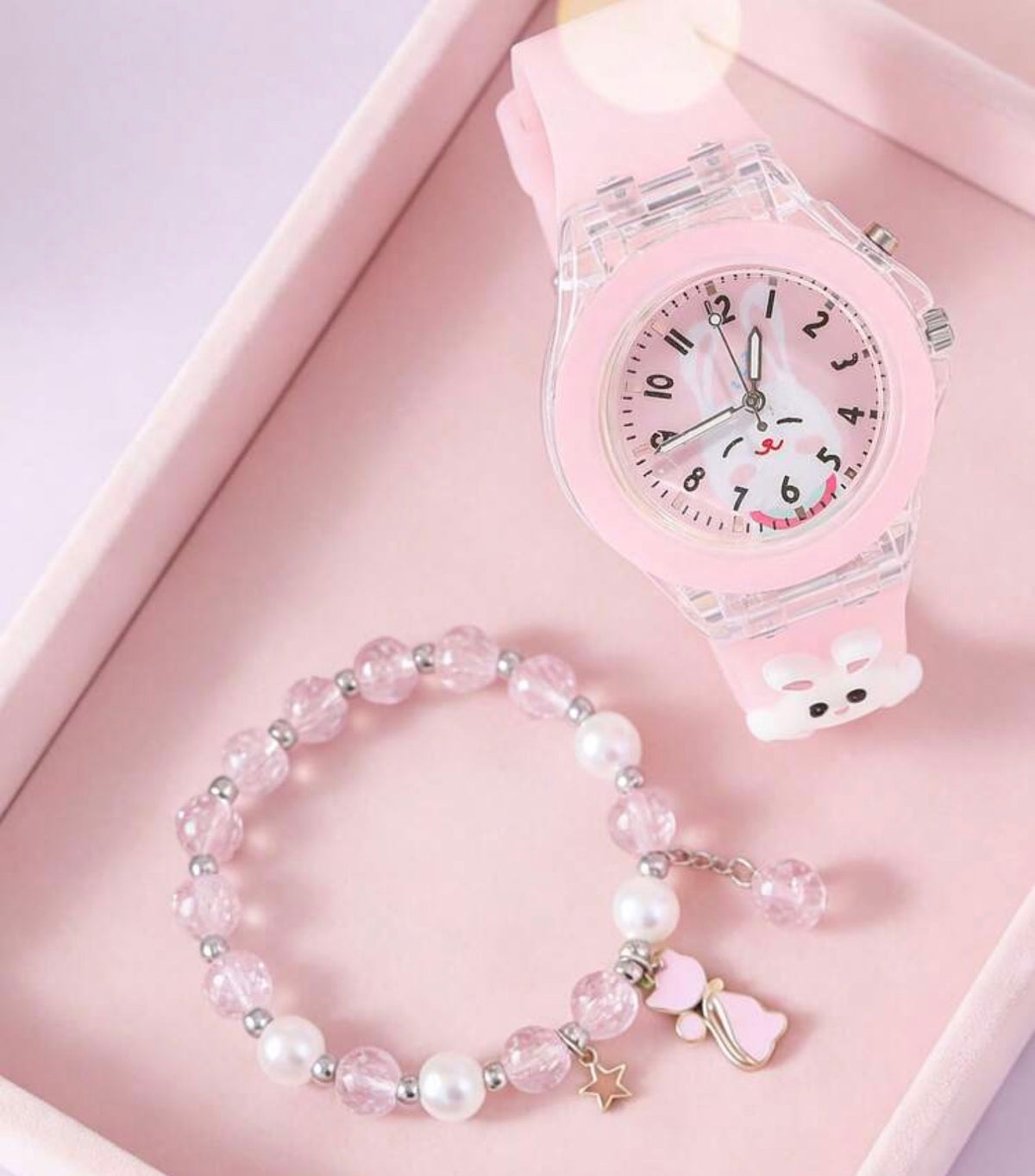 2pcs/Set Girls Glowing Watch, Cartoon Rabbit Quartz Watch And Beaded Cat Chain (No Box)