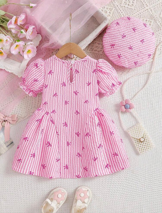 Pink And white Striped bow print