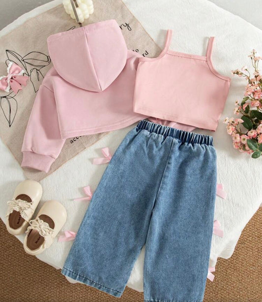 3pcs/Set Casual American Pink Bow Print Hoodie Sweatshirt, Solid Color Camisole, And Bowknot Straight Leg Jeans