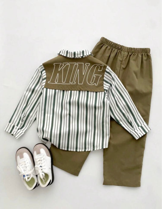 Vintage Striped Collar & Big Letter Print Shirt And Pants Set