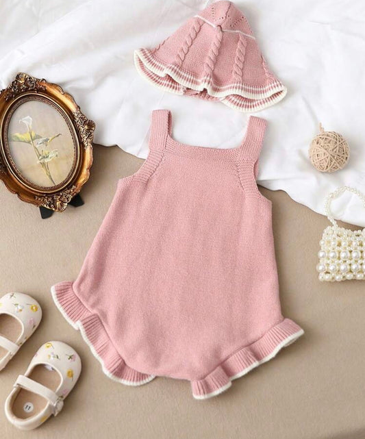 Ruffle Hem Cable Knit Bodysuit & Hat Autumn Fall