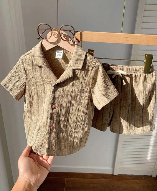 2pcs Brown Stripe Short Sleeve Shirt And Shorts