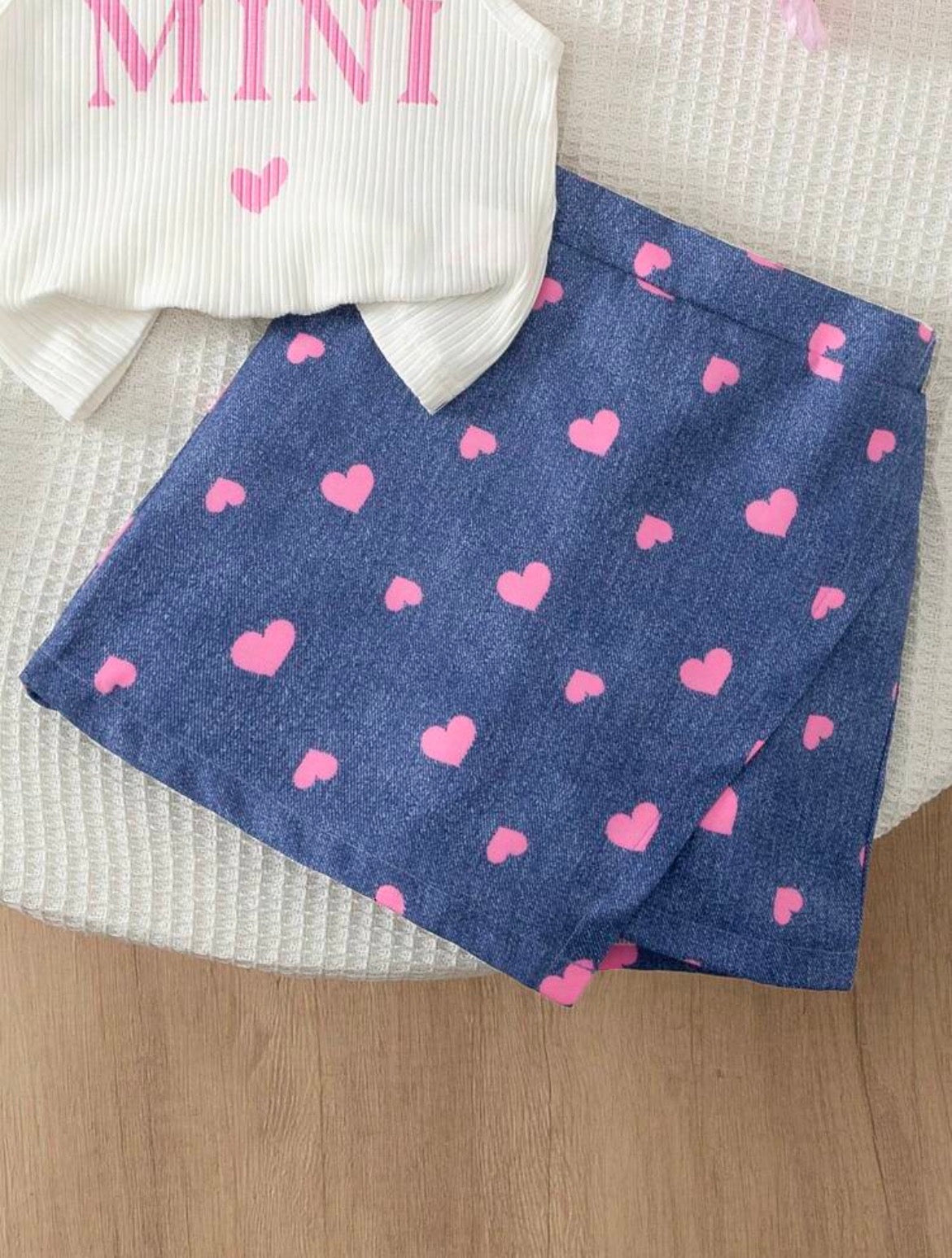 White Knit Ribbed Letter Print Crew Neck Sleeveless Pullover Top + Denim Blue Heart Print Skort