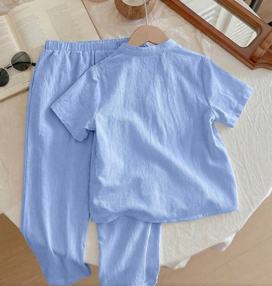 2pcs Short-Sleeved V-Neck Shirt And Pants Set