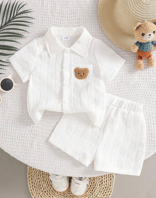 2pcs Baby Boy Textured Pocket Bear Embroidery Shirt & Shorts Street Fashion Children Set
