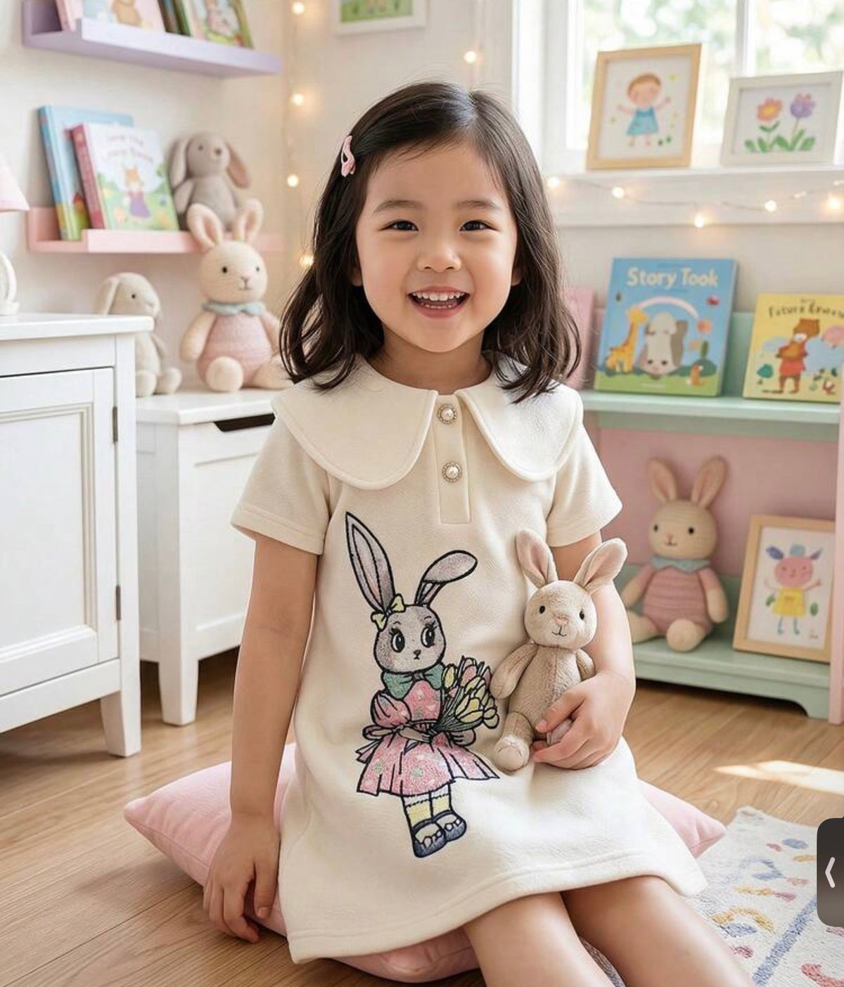 Rabbit Holding Flower Pattern Lapel Short Sleeve Sweet A-Line Fitted