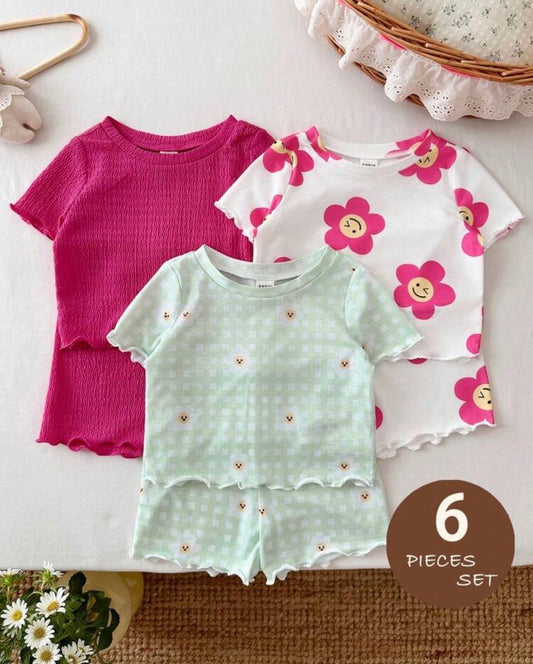 Knitted Round Neck Casual T-Shirt And Shorts 6-Piece Set