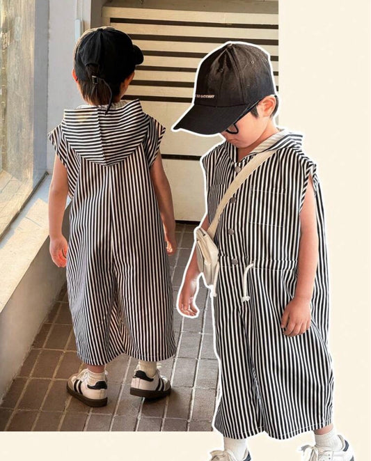 Casual Korea Style Black & White Striped Hooded Jumpsuit Striped Jumpsuit