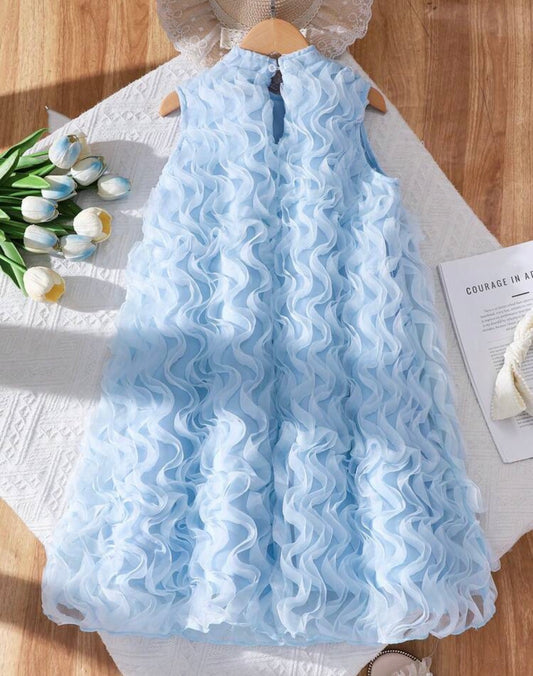 Solid Color Elegant Textured Round Neck Ruffle Dress,