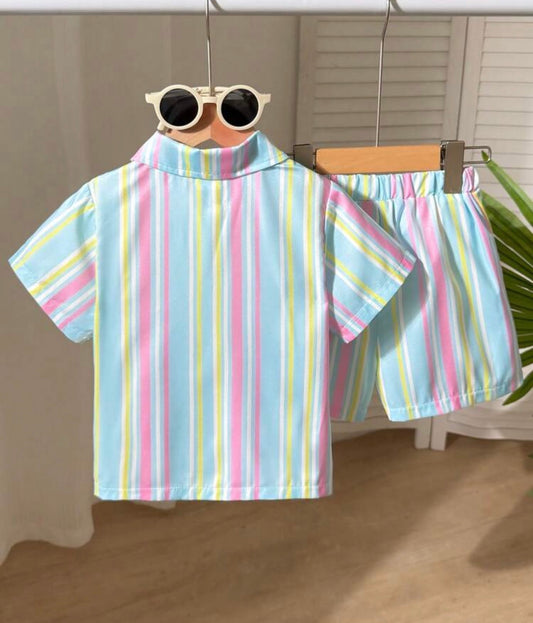 2pcs/Set Beach Striped Short Sleeve Shirt And Lightweight Breathable Striped Shorts