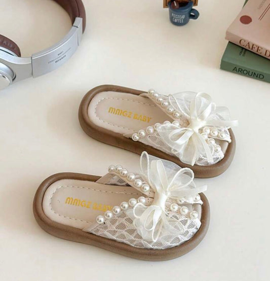 Pearl Bow Lace Open Toe Flat