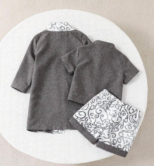 Winter 3pcs Set: Floral Print Long Sleeve Cardigan,Shirt & Striped Shorts