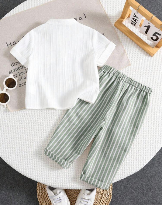 Striped Co-Ord Set Casual Short Sleeve Stand Collar Shirt And Pants Patched Regular Fit