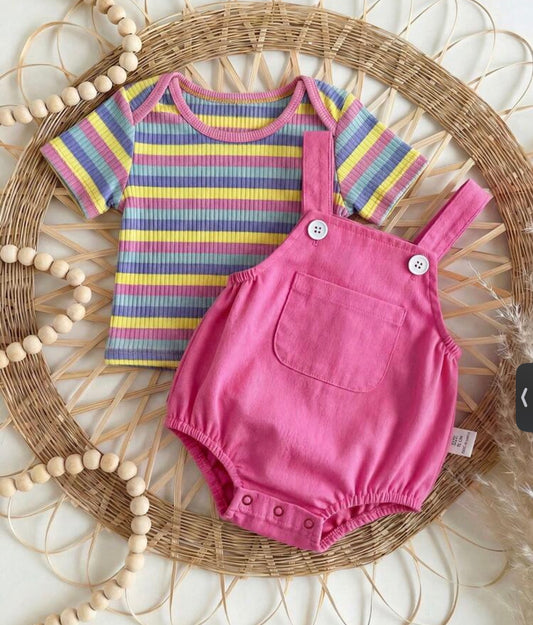 2pcs Set Pink Shirt Matching Striped Overall