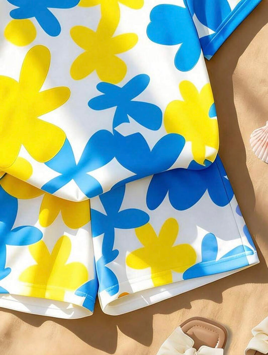 Refreshing Sweet Element Print Round Neck Short Sleeve Top + Shorts
