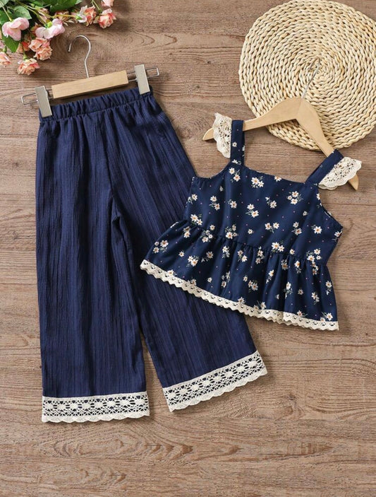 Ditsy Floral Cap Sleeve Top And Wide Leg Pants Summer Set
