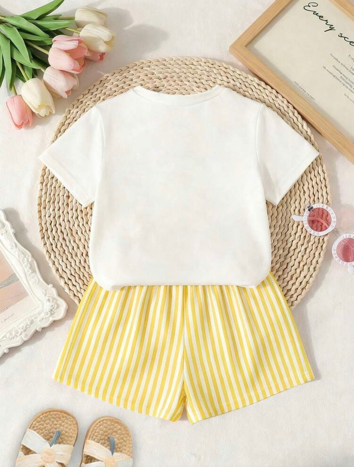 White Tee+Yellow & Striped Shorts
