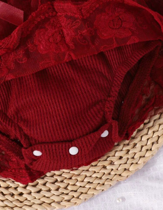 Lace Patchwork long sleeve bodysuit with hair band and socks