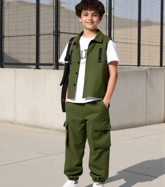 3pcs/Set Collar Waistcoat & Short Sleeve T-Shirt & Pocket Cargo Pants