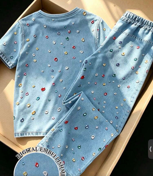 2pcs/Set Denim Effect Colorful Sequin Denim Short Sleeve T-Shirt + Long Pants