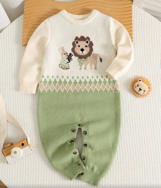 Autumn/Winter Argyle Lion Pattern Sweater Romper