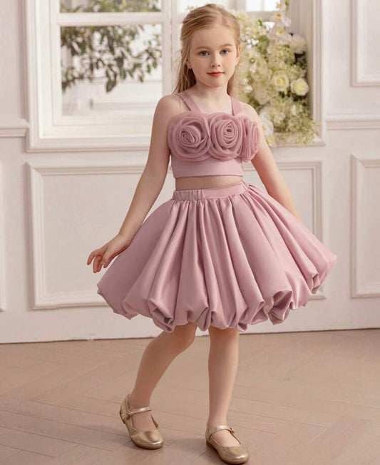 2pcs/Set Floral Embroidered Pink Spaghetti Strap Dress