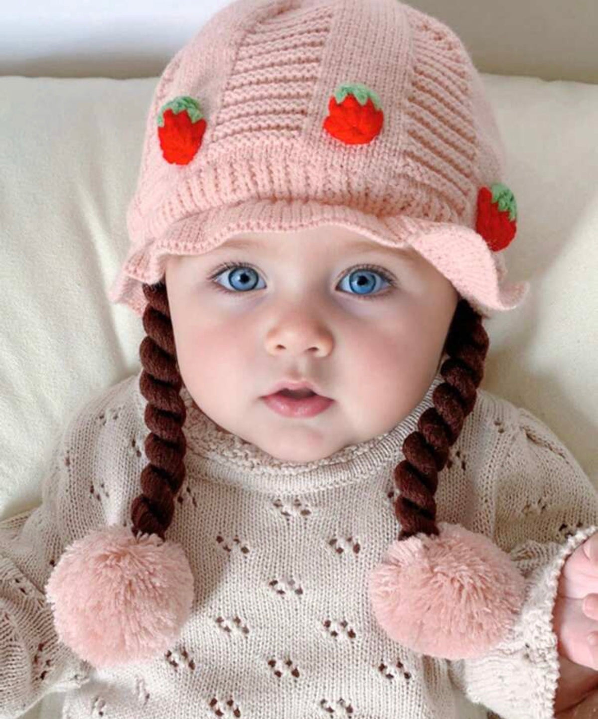 1pc Cute Strawberry Baby Hat With Faux Fur, Ear Flaps And Pom Pom