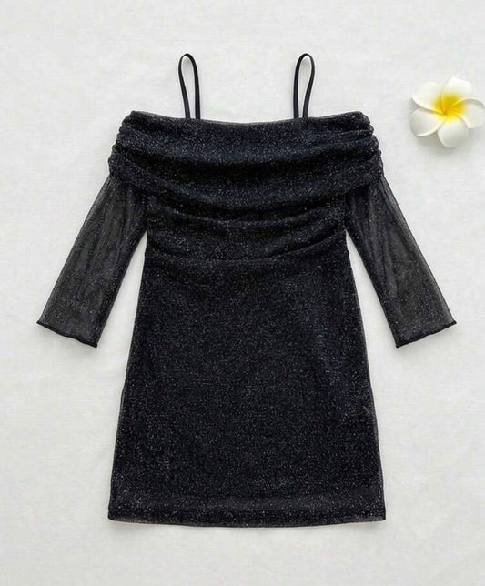 Mesh & Glitter One-Shoulder Wrap Dress