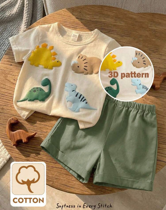 Cartoon Dinosaur Pattern Knit Soft Round Neck Short Sleeve Top And Elastic Waist Pants